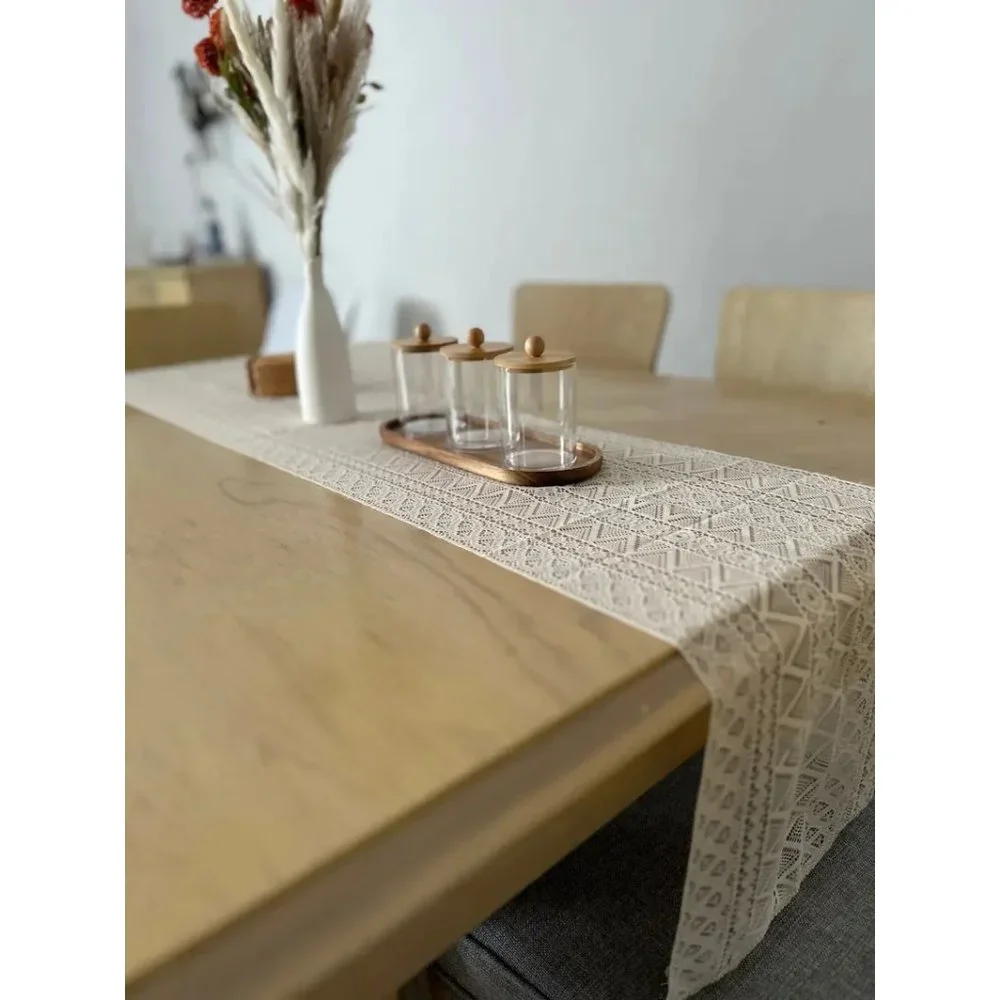 Crocheted Boho Table Runner Bohemian Cottage Farmhouse Decor Decorative Cloth - Picture 4 of 9